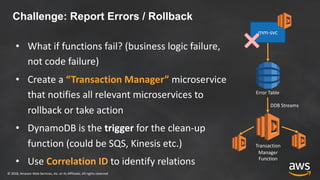 © 2018, Amazon Web Services, Inc. or its Affiliates. All rights reserved
Challenge: Report Errors / Rollback
• What if functions fail? (business logic failure,
not code failure)
• Create a “Transaction Manager” microservice
that notifies all relevant microservices to
rollback or take action
• DynamoDB is the trigger for the clean-up
function (could be SQS, Kinesis etc.)
• Use Correlation ID to identify relations
mm-svc
Transaction
Manager
Function
DDB Streams
API Call
Error Table
 