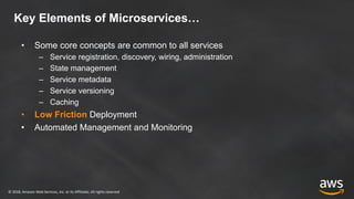 © 2018, Amazon Web Services, Inc. or its Affiliates. All rights reserved
Key Elements of Microservices…
• Some core concepts are common to all services
– Service registration, discovery, wiring, administration
– State management
– Service metadata
– Service versioning
– Caching
• Low Friction Deployment
• Automated Management and Monitoring
 