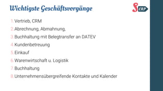 Wichtigste Geschäftsvorgänge
1.Vertrieb, CRM
2.Abrechnung, Abmahnung,
3.Buchhaltung mit Belegtransfer an DATEV
4.Kundenbetreuung
5.Einkauf
6.Warenwirtschaft u. Logistik
7.Buchhaltung
8.Unternehmensübergreifende Kontakte und Kalender
 