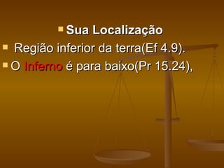 Sua  Localização
 Região inferior da terra(Ef 4.9).

 O Inferno é para baixo(Pr 15.24),
 