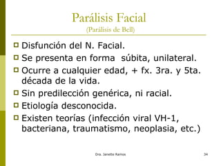 Parálisis  Facial  ( Parálisis  de Bell) Disfunción  del N. Facial. Se presenta en forma  súbita , unilateral. Ocurre  a cualquier  edad , +  fx . 3ra. y 5ta.  década  de la vida. Sin  predilección   genérica , ni racial. Etiología  desconocida. Existen   teorías  ( infección  viral VH-1, bacteriana, traumatismo, neoplasia, etc.) 