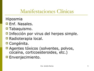 Manifestaciones Clínicas Hiposmia Enf. Nasales. Tabaquismo. Infección por virus del herpes simple. Radioterapia local. Congénita. Agentes tóxicos (solventes, polvos, cocaína, corticoesteroides, etc.) Envenjecimiento. 
