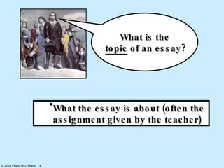 What the essay is about (often the assignment given by the teacher) What is the topic  of an essay? 