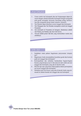 Rangkuman 
1. Unsur estetis tari kelompok dan tari berpasangan dapat di­susun 
dengan sebuah dinamika kelompok dengan mengolah 
pola gerak serempak, bersusun, berselang seling, berlawa-nan 
dan mengolah desain lantai simetris, asimetris 
2. Tari Rantak dapat ditarikan secara tunggal dan kelompok. 
3. Tari Margapati dan Tari Bondan merupakan contoh tari tunggal 
Nusantara. 
4. Tari kelompok di Nusantara ini beragam, diantaranya adalah 
Tari Hudoq, tari Hadrah, dan Tari Lilin Syiwa. 
5. Travesti adalah penari laki-laki yang memerankan wanita atau 
sebaliknya. 
Kaji Diri 
1. Sudahkah Anda paham bagaimana penyusunan sinopsis 
tari? 
2. Bagaimana Anda menunjukkan keunikan gerak dan kostum 
pada tari tunggal dan kelompok? 
3. Kelompokkan dan sebutkan berdasarkan bagian-bagian 
busana yang berupa properti dan aksesori dari salah satu tari 
tunggal dan kelompok yang ada di daerah Anda. 
4. Hal-hal apa saja yang harus dipersiapkan dalam pertunjukan 
tari kreasi tunggal dan kelompok? 
5. Sebutkan jenis tari kreasi yang ada di daerah Anda yang ter­masuk 
ke dalam bentuk tari tunggal dan tari kelompok. 
Praktis Belajar Seni Tari untuk SMA/MA 
162 
 