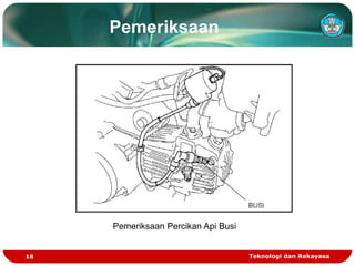 Teknologi dan Rekayasa
18
Pemeriksaan
Pemeriksaan Percikan Api Busi
 