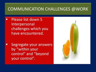 COMMUNICATION CHALLENGES @WORK
 Please list down 5
Interpersonal
challenges which you
have encountered.
 Segregate your answers
by “within your
control” and “beyond
your control”.
 