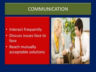 COMMUNICATION
• Interact frequently
• Discuss issues face to
face
• Reach mutually
acceptable solutions
 