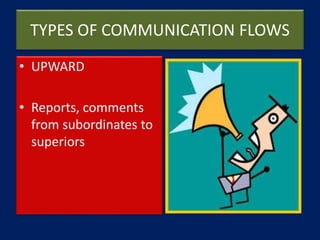 TYPES OF COMMUNICATION FLOWS
• UPWARD
• Reports, comments
from subordinates to
superiors
 