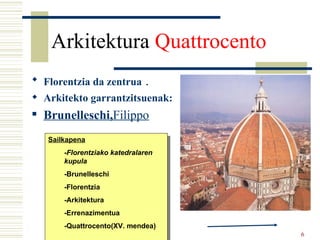 Arkitektura  Quattrocento Florentzia da zentrua  . Arkitekto garrantzitsuenak: Brunelleschi, Filippo Sailkapena - Florentziako katedralaren  kupula -Brunelleschi -Florentzia -Arkitektura -Errenazimentua -Quattrocento(XV. mendea) 