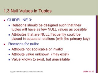 Copyright © 2016 Ramez Elmasri and Shamkant B. Navathe
1.3 Null Values in Tuples
 GUIDELINE 3:
 Relations should be designed such that their
tuples will have as few NULL values as possible
 Attributes that are NULL frequently could be
placed in separate relations (with the primary key)
 Reasons for nulls:
 Attribute not applicable or invalid
 Attribute value unknown (may exist)
 Value known to exist, but unavailable
Slide 14- 17
 