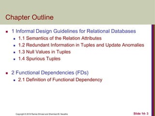 Copyright © 2016 Ramez Elmasri and Shamkant B. Navathe
Chapter Outline
 1 Informal Design Guidelines for Relational Databases
 1.1 Semantics of the Relation Attributes
 1.2 Redundant Information in Tuples and Update Anomalies
 1.3 Null Values in Tuples
 1.4 Spurious Tuples
 2 Functional Dependencies (FDs)
 2.1 Definition of Functional Dependency
Slide 14- 3
 