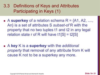 Copyright © 2016 Ramez Elmasri and Shamkant B. Navathe
3.3 Definitions of Keys and Attributes
Participating in Keys (1)
 A superkey of a relation schema R = {A1, A2, ....,
An} is a set of attributes S subset-of R with the
property that no two tuples t1 and t2 in any legal
relation state r of R will have t1[S] = t2[S]
 A key K is a superkey with the additional
property that removal of any attribute from K will
cause K not to be a superkey any more.
Slide 14- 31
 
