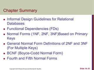 Copyright © 2016 Ramez Elmasri and Shamkant B. Navathe
Chapter Summary
 Informal Design Guidelines for Relational
Databases
 Functional Dependencies (FDs)
 Normal Forms (1NF, 2NF, 3NF)Based on Primary
Keys
 General Normal Form Definitions of 2NF and 3NF
(For Multiple Keys)
 BCNF (Boyce-Codd Normal Form)
 Fourth and Fifth Normal Forms
Slide 14- 61
 