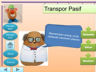 Transpor Pasif

Transpor
  Aktif
                Transpor pasif
Transpor      mencakup difusi dan   Osmosis
  Pasif            osmosis.


                                     Difusi

 Movie

                                    Manfaat
 Evaluasi
 