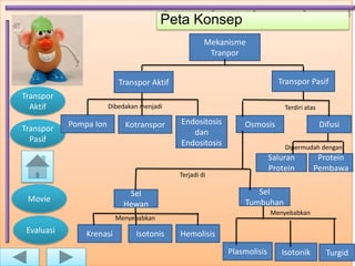 Peta Konsep
                                                     Mekanisme
                                                      Tranpor


                           Transpor Aktif                                 Transpor Pasif
Transpor
  Aktif                 Dibedakan menjadi                                   Terdiri atas

            Pompa Ion        Kotranspor     Endositosis       Osmosis                      Difusi
Transpor                                       dan
  Pasif                                     Endositosis                     Dipermudah dengan
                                                                        Saluran         Protein
                                                                        Protein        Pembawa
                                            Terjadi di

                             Sel                                 Sel
 Movie                                                        Tumbuhan
                            Hewan
                                                                        Menyebabkan
                          Menyebabkan
 Evaluasi       Krenasi         Isotonis    Hemolisis

                                                          Plasmolisis      Isotonik          Turgid
 