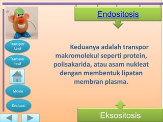 Endositosis


Transpor
  Aktif           Keduanya adalah transpor
Transpor
            makromolekul seperti protein,
  Pasif     polisakarida, atau asam nukleat
              dengan membentuk lipatan
                   membran plasma.
 Movie


 Evaluasi

                           Eksositosis
 