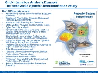 Grid-Integration Analysis Example: The Renewable Systems Interconnection Study The 15 RSI reports include: Renewable Systems Interconnection: Executive Summary Distributed Photovoltaic Systems Design and Technology Requirements Advanced Grid Planning and Operation Utility Models, Analysis, and Simulation Tools Cyber Security Analysis Power System Planning: Emerging Practices Suitable for Evaluating the Impact of High-Penetration Photovoltaics Distribution System Voltage Performance Analysis for High-Penetration Photovoltaics Enhanced Reliability of Photovoltaic Systems with Energy Storage and Controls Transmission System Performance Analysis for High-Penetration Photovoltaics Solar Resource Assessment Test and Demonstration Program Definition Photovoltaics Value Analysis  Photovoltaics Business Models Production Cost Modeling for High Levels of Photovoltaics Penetration  Rooftop Photovoltaics Market Penetration Scenarios 