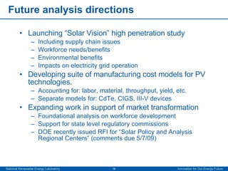Future analysis directions Launching “Solar Vision” high penetration study Including supply chain issues Workforce needs/benefits Environmental benefits Impacts on electricity grid operation Developing suite of manufacturing cost models for PV technologies. Accounting for: labor, material, throughput, yield, etc. Separate models for: CdTe, CIGS, III-V devices Expanding work in support of market transformation Foundational analysis on workforce development  Support for state level regulatory commissions DOE recently issued RFI for “Solar Policy and Analysis Regional Centers” (comments due 5/7/09) 