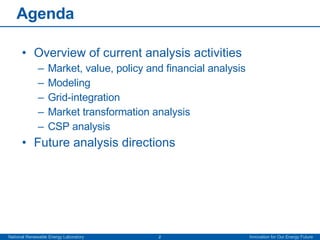 Agenda Overview of current analysis activities Market, value, policy and financial analysis Modeling Grid-integration Market transformation analysis CSP analysis Future analysis directions 