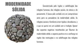 Caracterizada pela rigidez e solidificação das
relações humanas, das relações sociais, da ciência e do
pensamento. A busca pela verdade era um compromisso
sério para os pensadores da modernidade sólida. As
relações sociais e familiares eram rígidas e duradouras, e
o que se queria era um cuidado com a tradição. Apesar
dos aspectos negativos reconhecidos por Bauman da
modernidade sólida, o aspecto positivo era a confiança na
rigidez das instituições e na solidificação das relações
humanas.
MODERNIDADE
SÓLIDA
 