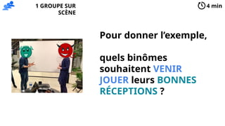 Pour donner l’exemple,
quels binômes
souhaitent VENIR
JOUER leurs BONNES
RÉCEPTIONS ?
4 min
1 GROUPE SUR
SCÈNE
 