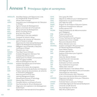 104
Annexe 1 Principaux sigles et acronymes
ABSOLUTE Aerial Base Stations with Opportunistic Links
for Unexpected  Temporary Events
ACE African Coast to Europe
ADEA Association pour le développement de l’éducation
en Afrique
AFD Agence Française de Développement
AUF Agence universitaire de la Francophonie
BAD Banque africaine de développement
BCG Boston Consulting Group
BYOD Bring Your Own Device
CFIT China Funds in Trust with UNESCO
CFSK Computer for School in Kenya
CONFEMEN Conférence des ministres de l’éducation
ayant le français en partage
DFID Department For International Development
(Agence de développement britannique)
DIENA Délégation interministérielle à l’éducation
numérique en Afrique
EPT Éducation pour tous
FOSSFA Free/Open Source Software
GMAT Graduate Management Admission Test
GRE Graduate Record Examination
GSM Global System for Mobile communications
HTS High Throughput Satellite
IDI Indice de développement des TIC
IFADEM Initiative francophone pour la formation
à distance des maîtres
IFE Instituts de formation des enseignants
IIPE Institut international de planification de l’éducation
INPF l’Institut national de documentation, de recherche
et d’animation pédagogique
IPS Indice de parité entre les sexes
LMS Learning Management System
MIT Massachusetts Institute of Technology
MOOC Massive Open Online Courses
NENA Nouvelles éditions numériques africaines
NEPAD New Partnership for Africa’s Development
OCDE Organisation de coopération et de développement
économiques
OIF Organisation internationale de la francophonie
OLPC One Laptop Per Child
OMD Objectifs du Millénaire pour le développement
ONG Organisations non gouvernementales
OTPC One Tablet Per Child
PASEC Program for the Analysis of Education Systems
PETV Programme d’enseignement télévisuel
PIB Produit intérieur brut
PICOM Projet d’infrastructure de télécommunication
pour Madagascar
PNB Produit national brut
PPP Partenariat public-privé
PTLP Primary Teaching Learning Program
QCM Questionnaire à choix multiples
REL Ressources éducatives libres
REPTA Réseau éducation pour tous
SACMEQ Southern and Eastern Africa Consortium
for Monitoring Educational Quality
SAEx South Atlantic Express
SAT Scholastic Aptitude Test
SIGE Système d’information pour la gestion
de l’éducation
SIM Subscriber Identity Module
SFI Société financière internationale
SMS Short Message Service
SPU Scolarisation primaire universelle
TAP Taux d’achèvement du primaire
TBI Tableau blanc interactif
TESSA Teacher Education in Sub-Saharan Africa
TIC/ICT Technologies de l’information et de la communication
TICE Technologies de l’information
et de la communication dans l’éducation
UIT Union internationale des télécommunications
UNESCO Organisation des Nations Unies pour l’Éducation,
la Science et la Culture
UNICEF Fonds des Nations unies pour l’enfance
USAID United States Agency for International Development
UVA Université virtuelle africaine
VSAT Very Small Aperture Terminal
WACS West Africa Cable System
 