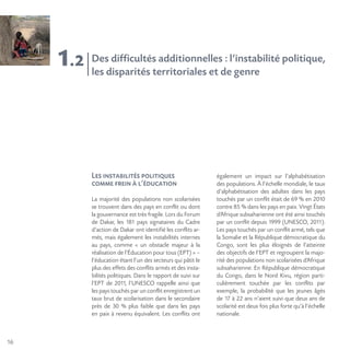 16
1.2
Les instabilités politiques
comme frein à l’éducation
La majorité des populations non scolarisées
se trouvent dans des pays en conflit ou dont
la gouvernance est très fragile. Lors du Forum
de Dakar, les 181 pays signataires du Cadre
d’action de Dakar ont identifié les conflits ar-
més, mais également les instabilités internes
au pays, comme « un obstacle majeur à la
réalisation de l’Éducation pour tous (EPT) » –
l’éducation étant l’un des secteurs qui pâtit le
plus des effets des conflits armés et des insta-
bilités politiques. Dans le rapport de suivi sur
l’EPT de 2011, l’UNESCO rappelle ainsi que
les pays touchés par un conflit enregistrent un
taux brut de scolarisation dans le secondaire
près de 30 % plus faible que dans les pays
en paix à revenu équivalent. Les conflits ont
également un impact sur l’alphabétisation
des populations. À l’échelle mondiale, le taux
d’alphabétisation des adultes dans les pays
touchés par un conflit était de 69 % en 2010
contre 85 % dans les pays en paix. Vingt États
d’Afrique subsaharienne ont été ainsi touchés
par un conflit depuis 1999 (UNESCO, 2011).
Les pays touchés par un conflit armé, tels que
la Somalie et la République démocratique du
Congo, sont les plus éloignés de l’atteinte
des objectifs de l’EPT et regroupent la majo-
rité des populations non scolarisées d’Afrique
subsaharienne. En République démocratique
du Congo, dans le Nord Kivu, région parti-
culièrement touchée par les conflits par
exemple, la probabilité que les jeunes âgés
de 17 à 22 ans n’aient suivi que deux ans de
scolarité est deux fois plus forte qu’à l’échelle
nationale.
Des difficultés additionnelles : l’instabilité politique,
les disparités territoriales et de genre
 