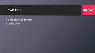 Town Hall
• What are your drivers?
• Complexity
 