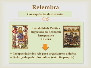 
Consequências das Invasões
Instabilidade Política
Regressão da Economia
Insegurança
Guerra
 Incapacidade dos reis para organizarem a defesa
 Reforço do poder dos nobres (exército próprio)
Relembra
 
