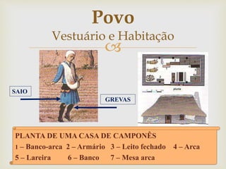 
PLANTA DE UMA CASA DE CAMPONÊS
1 – Banco-arca 2 – Armário 3 – Leito fechado 4 – Arca
5 – Lareira 6 – Banco 7 – Mesa arca
Povo
Vestuário e Habitação
SAIO
GREVAS
 
