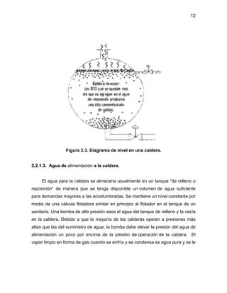 12
Figura 2.3. Diagrama de nivel en una caldera.
2.2.1.3. Agua de alimentación a la caldera.
El agua para la caldera se almacena usualmente en un tanque "de relleno o
reposición" de manera que se tenga disponible un volumen de agua suficiente
para demandas mayores a las acostumbradas. Se mantiene un nivel constante por
medio de una válvula flotadora similar en principio al flotador en el tanque de un
sanitario. Una bomba de alta presión saca el agua del tanque de relleno y la vacía
en la caldera. Debido a que la mayoría de las calderas operan a presiones más
altas que las del suministro de agua, la bomba debe elevar la presión del agua de
alimentación un poco por encima de la presión de operación de la caldera. El
vapor limpio en forma de gas cuando se enfría y se condensa es agua pura y se le
 