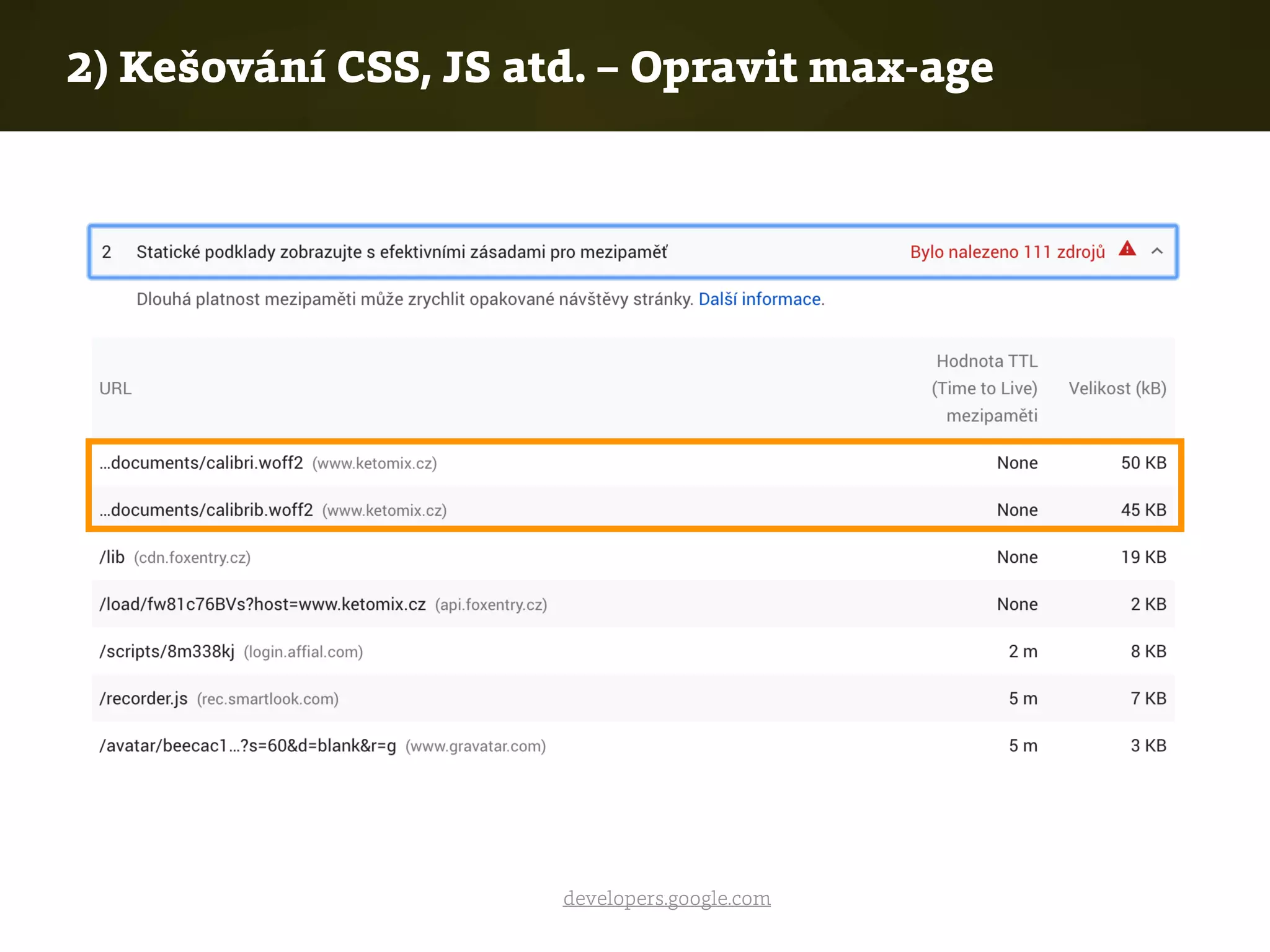 developers.google.com
2) Kešování CSS, JS atd. – Opravit max-age
 