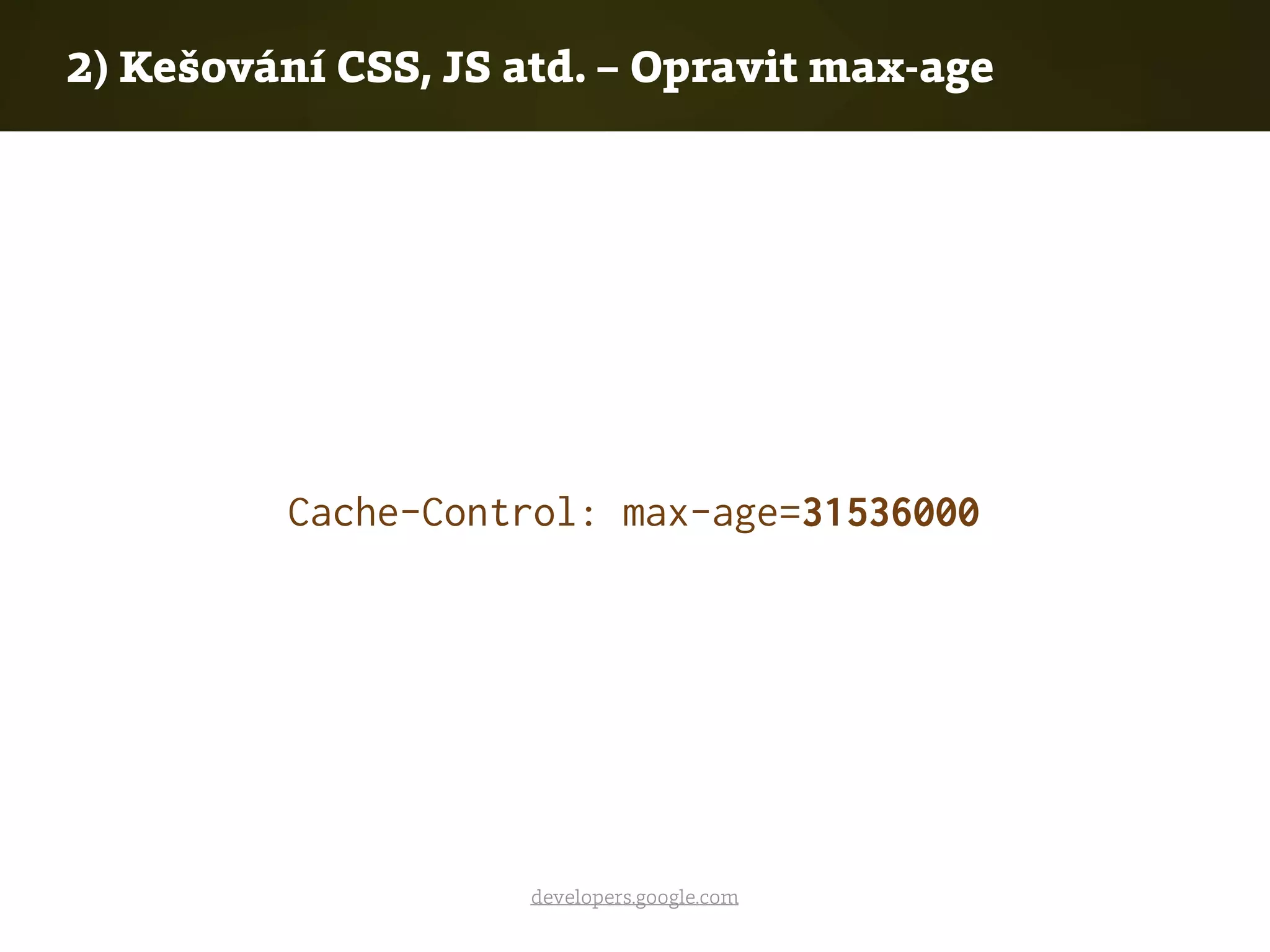 developers.google.com
2) Kešování CSS, JS atd. – Opravit max-age
Cache-Control: max-age=31536000
 