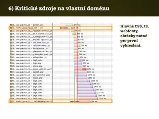 6) Kritické zdroje na vlastní doménu
Hlavně CSS, JS,
webfonty,
obrázky nutné
pro první
vykreslení.
 