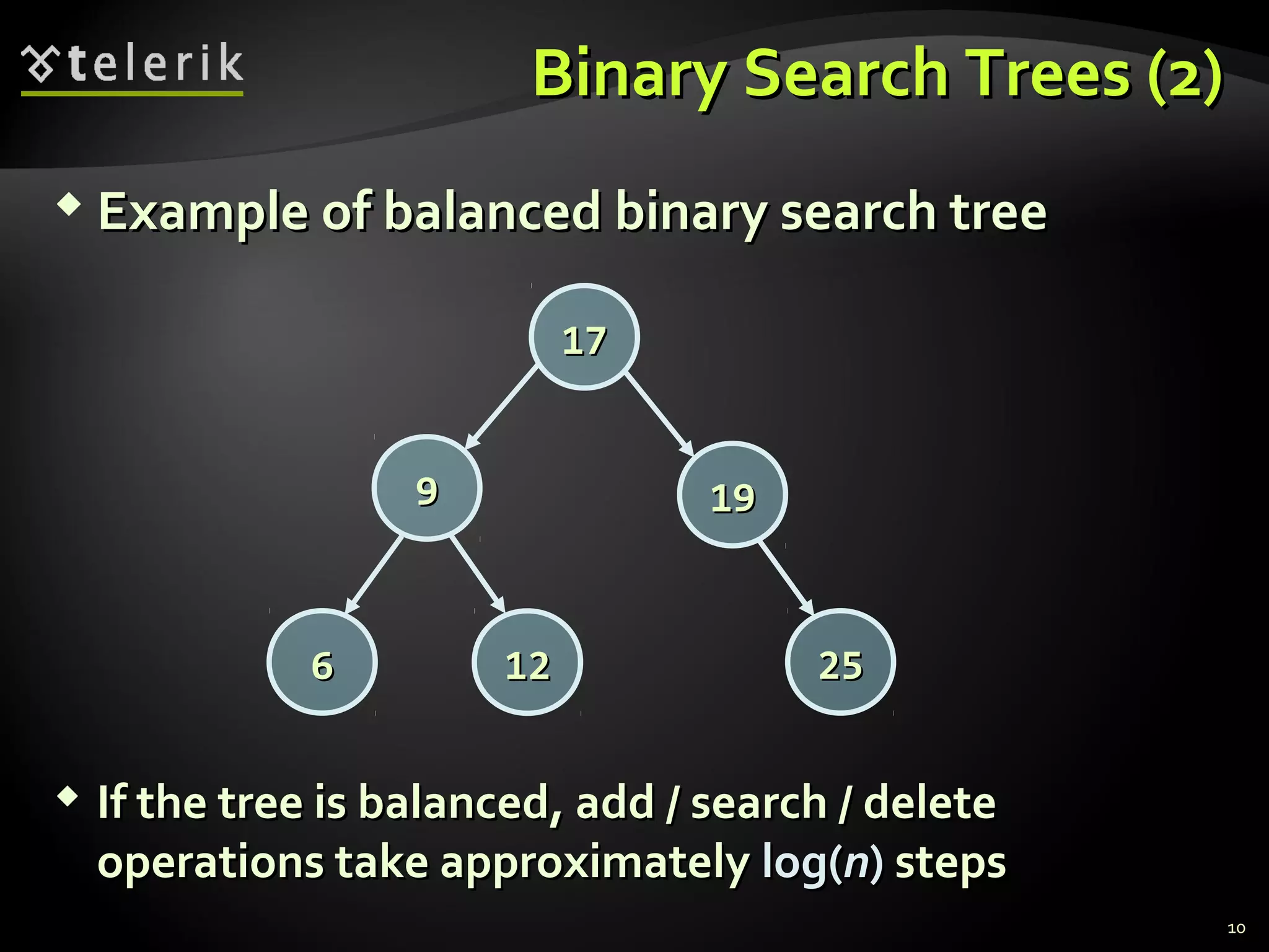 Binary Search Trees (2)Binary Search Trees (2)
 Example of balanced binary search treeExample of balanced binary search tree
 If the tree is balanced, add / search / deleteIf the tree is balanced, add / search / delete
operations take approximatelyoperations take approximately log(log(nn)) stepssteps
1717
191999
66 1212 2525
10
 