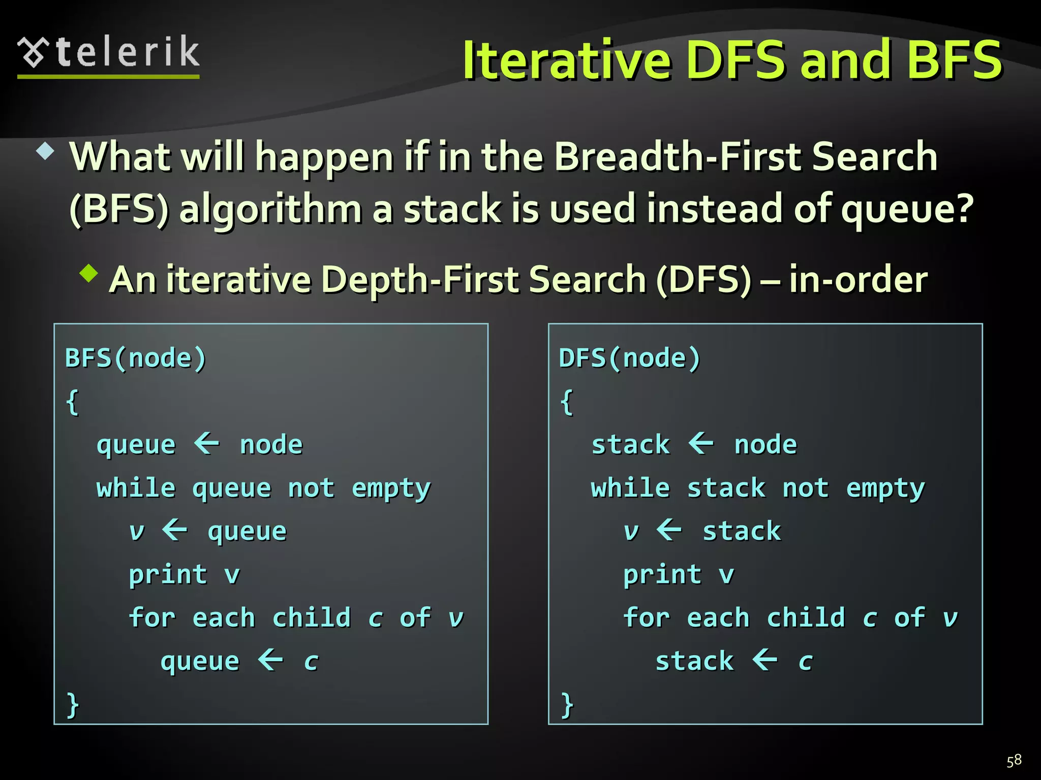 Iterative DFS and BFSIterative DFS and BFS
 What will happen if in the Breadth-First SearchWhat will happen if in the Breadth-First Search
(BFS) algorithm a stack is used instead of queue?(BFS) algorithm a stack is used instead of queue?
 An iterative Depth-First Search (DFS) – in-orderAn iterative Depth-First Search (DFS) – in-order
58
BFS(node)BFS(node)
{{
queuequeue  nodenode
while queue not emptywhile queue not empty
vv  queuequeue
print vprint v
for each childfor each child cc ofof vv
queuequeue  cc
}}
DFS(node)DFS(node)
{{
stackstack  nodenode
while stack not emptywhile stack not empty
vv  stackstack
print vprint v
for each childfor each child cc ofof vv
stackstack  cc
}}
 