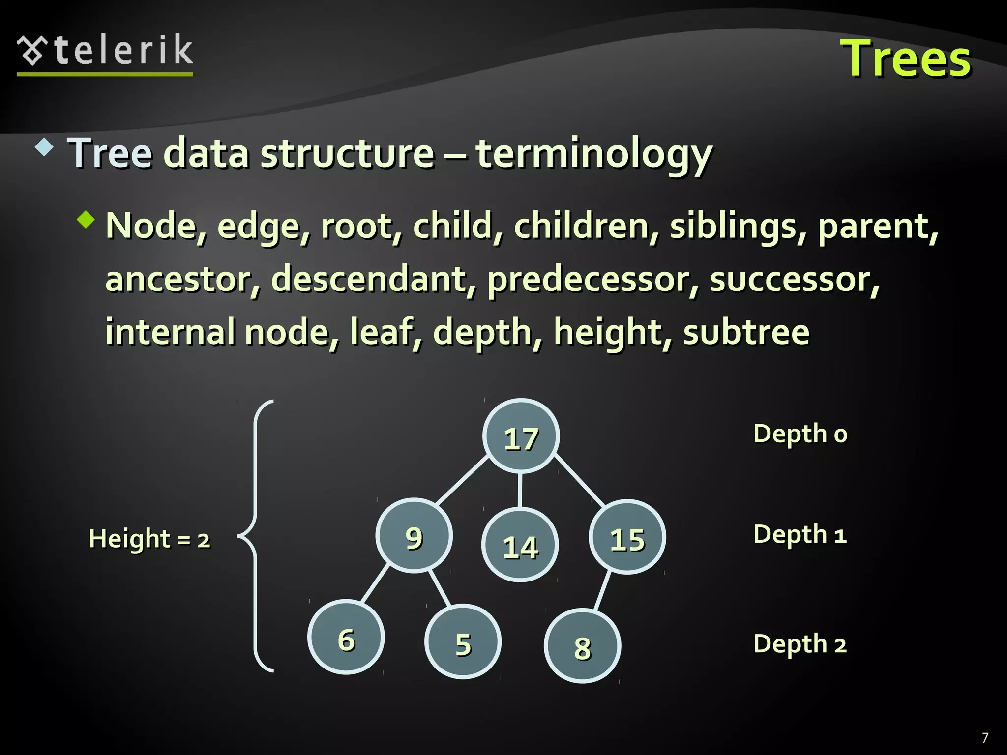 TreesTrees
 TreeTree data structure – terminologydata structure – terminology
 Node, edge, root, child, children, siblings, parent,Node, edge, root, child, children, siblings, parent,
ancestor, descendant, predecessor, successor,ancestor, descendant, predecessor, successor,
internal node, leaf, depth, height, subtreeinternal node, leaf, depth, height, subtree
Height = 2Height = 2
Depth 0Depth 0
Depth 1Depth 1
Depth 2Depth 2
1717
1515141499
66 55 88
7
 