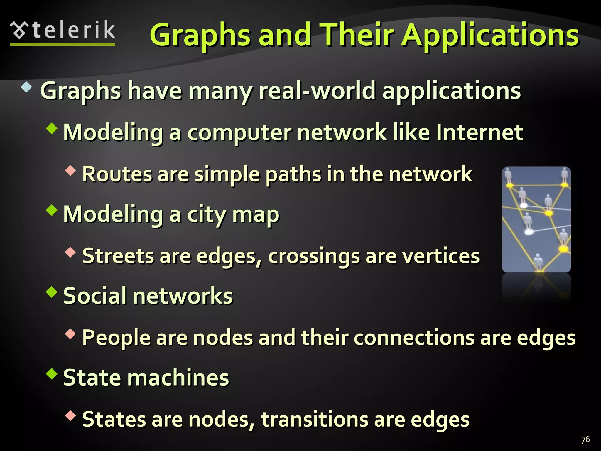 Graphs and Their ApplicationsGraphs and Their Applications
 Graphs have many real-world applicationsGraphs have many real-world applications
Modeling a computer network like InternetModeling a computer network like Internet
 Routes are simple paths in the networkRoutes are simple paths in the network
Modeling a city mapModeling a city map
 Streets are edges, crossings are verticesStreets are edges, crossings are vertices
Social networksSocial networks
 People are nodes and their connections are edgesPeople are nodes and their connections are edges
State machinesState machines
 States are nodes, transitions are edgesStates are nodes, transitions are edges
76
 