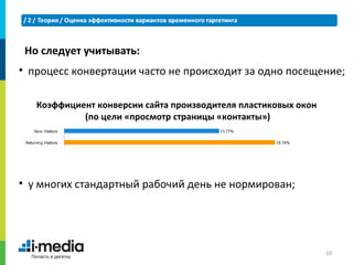 Но следует учитывать:
• процесс конвертации часто не происходит за одно посещение;

   Коэффициент конверсии сайта производителя пластиковых окон
            (по цели «просмотр страницы «контакты»)




• у многих стандартный рабочий день не нормирован;




                                                                10
 