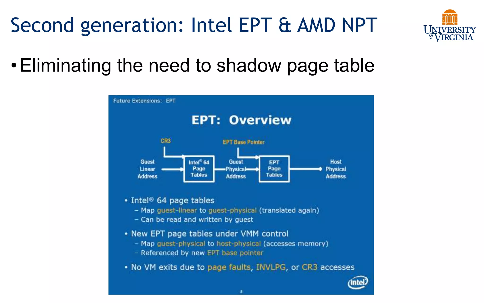 Second generation: Intel EPT & AMD NPT
•Eliminating the need to shadow page table
 