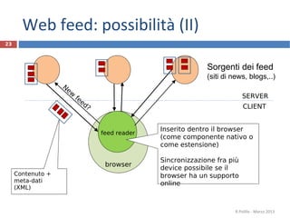 browser
23
Sorgenti dei feed
(siti di news, blogs,..)
R.Polillo - Marzo 2013
feed reader
Contenuto +
meta-dati
(XML)
New
feed? CLIENT
SERVER
Web feed: possibilità (II)
Inserito dentro il browser
(come componente nativo o
come estensione)
Sincronizzazione fra più
device possibile se il
browser ha un supporto
online
 
