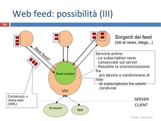 sito
24
Sorgenti dei feed
(siti di news, blogs,..)
R.Polillo - Marzo 2013
feed reader
New
feed?
browser
CLIENT
SERVER
Contenuto +
meta-dati
(XML)
Web feed: possibilità (III)
Servizio online
- Le subscription sono
conservate sul server
- Possibile la sincronizzazione
fra
più device e condivisione di
liste
di subscriptions fra utenti
condivise
app
 