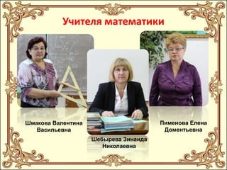 Учителя математики

Пименова Елена
Доментьевна

Шмакова Валентина
Васильевна
Шебырева Зинаида
Николаевна

 