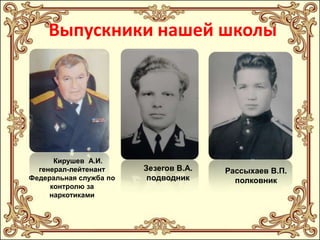 Выпускники нашей школы

Кирушев А.И.
генерал-лейтенант
Федеральная служба по
контролю за
наркотиками

Зезегов В.А.
подводник

Рассыхаев В.П.
полковник

 