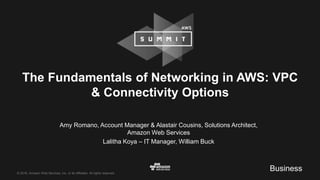 © 2016, Amazon Web Services, Inc. or its Affiliates. All rights reserved.
Amy Romano, Account Manager & Alastair Cousins, Solutions Architect,
Amazon Web Services
Lalitha Koya – IT Manager, William Buck
The Fundamentals of Networking in AWS: VPC
& Connectivity Options
Business
 