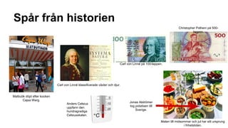 Spår från historien
Christopher Polhem på 500lappen.

Carl von Linné på 100-lappen.

Carl von Linné klassificerade växter och djur.

Matbutik döpt efter kocken
Cajsa Warg.
Anders Celsius
uppfann den
hundragradiga
Celsiusskalan.

Jonas Alströmer
tog potatisen till
Sverige.

Maten till midsommar och jul har sitt ursprung
i frihetstiden.

 