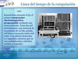 Línea del tiempo de la computación
                   1941
Konrad Suze presentó el Z3, el
primer computador
electromagnético
programable mediante una
cinta perforada. Tenía dos mil
electroimanes, una memoria de
64 palabras de 22 bits, pesaba
mil kilos y consumía cuatro mil
watts. Una adición demoraba
0,7 segundos, mientras que en
una multiplicación o división
tardaba 3 segundos.

 1941     1943      1944     1947     1949   1951     1957     1969     1971      1974     1975
   Z3   Colossus    Mark I   ENIAC   EDVAC UNIVAC I IBM 704 S.O. UNIX Intel 4004 Altair   Apple II
                                                                                 8800
                                                                      Dis. 5 1/4
 