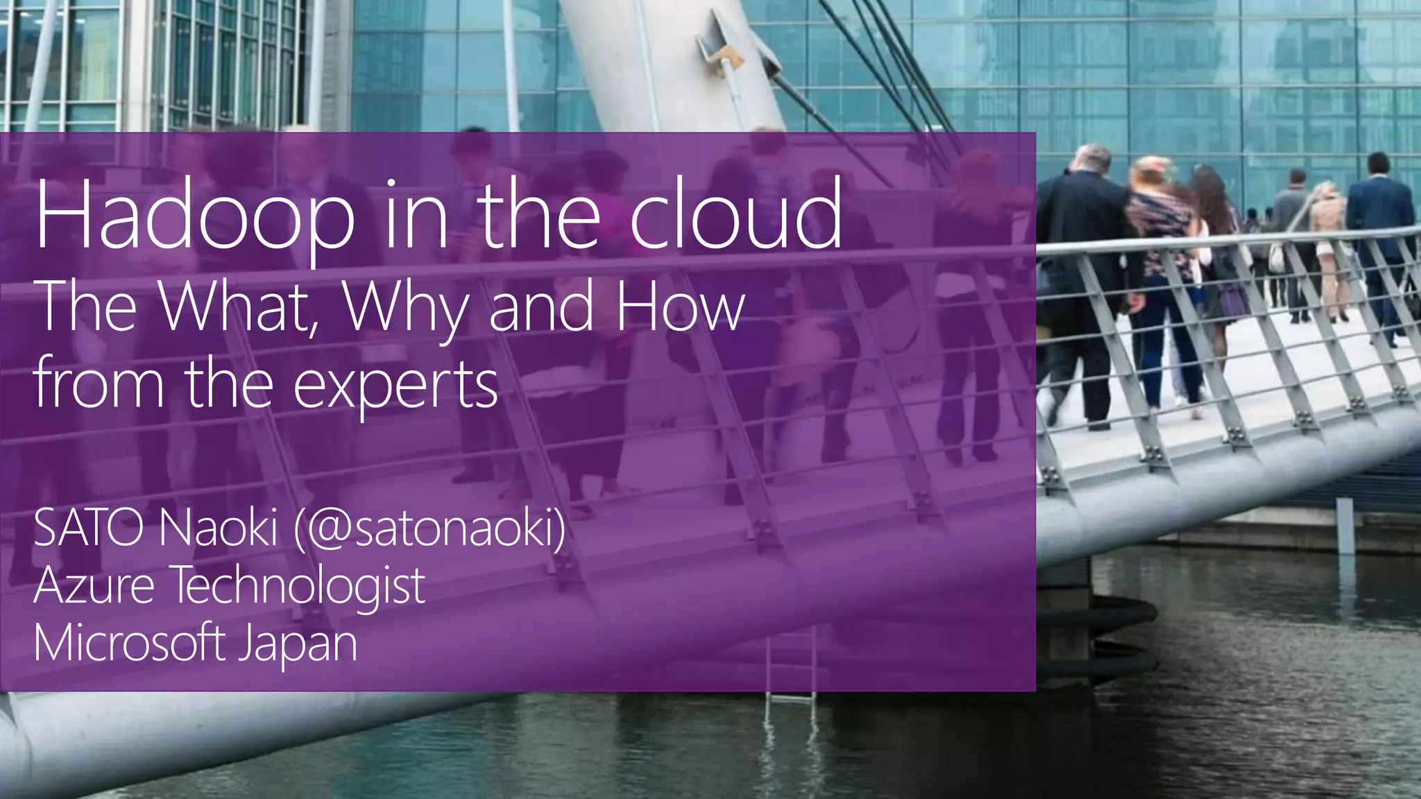 Hadoop in the cloud
The What, Why and How
from the experts
SATO Naoki (@satonaoki)
Azure Technologist
Microsoft Japan
 