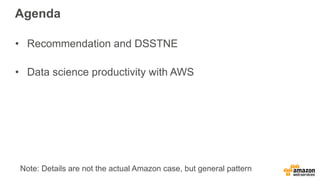 Agenda
• Recommendation and DSSTNE
• Data science productivity with AWS
Note: Details are not the actual Amazon case, but general pattern
 