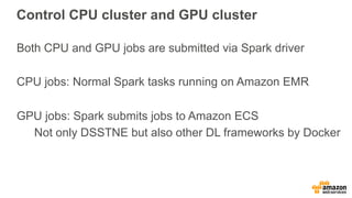 Control CPU cluster and GPU cluster
Both CPU and GPU jobs are submitted via Spark driver
CPU jobs: Normal Spark tasks running on Amazon EMR
GPU jobs: Spark submits jobs to Amazon ECS
Not only DSSTNE but also other DL frameworks by Docker
 